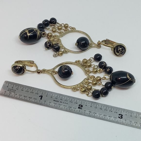 👍 5 for 20 vintage black & gold splatter beads dangle drop clip on earrings - Picture 2 of 3